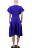 Blue Casual Solid Patchwork With Belt Asymmetrical O Neck Irregular Dress Dresses