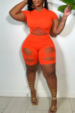 Tangerine Red Sexy Solid Hollowed Out Patchwork O Neck Short Sleeve Two Pieces