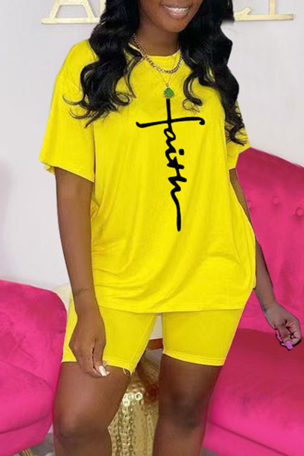 Yellow Casual Print Patchwork O Neck Short Sleeve Two Pieces