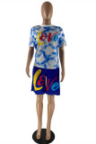 Blue Fashion Casual Print Basic Regular High Waist Shorts