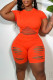 Tangerine Red Sexy Solid Hollowed Out Patchwork O Neck Short Sleeve Two Pieces