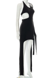 Black Sexy Solid Tassel Halter Irregular Dress Dresses