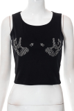 Black Sexy Print Hot Drill O Neck Tops