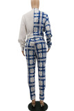 White and blue Casual Print Bandage Patchwork O Neck Long Sleeve Two Pieces