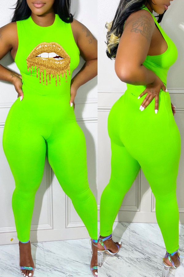 Fluorescent Green Casual Print Patchwork O Neck Sleeveless Two Pieces