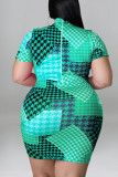 Green Casual Print Split Joint O Neck One Step Skirt Plus Size Dresses