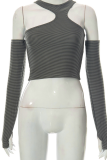 Grey Sexy Striped Patchwork One Shoulder Tops