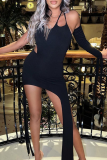 Black Sexy Solid Tassel Halter Irregular Dress Dresses
