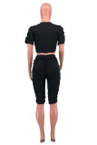 Black Casual Solid Patchwork Fold O Neck Short Sleeve Two Pieces