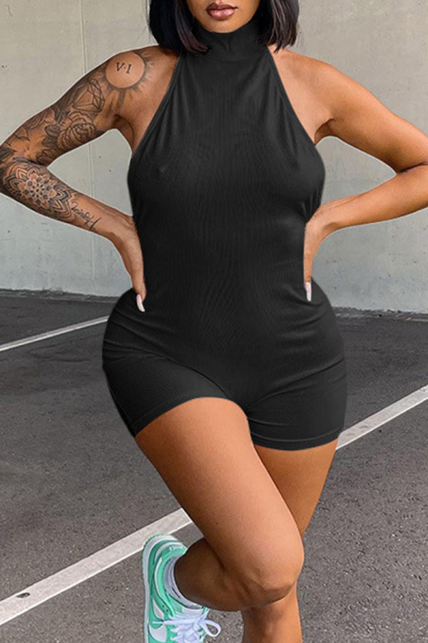 Black Sexy Solid Patchwork Backless Halter Regular Rompers