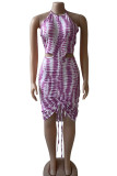 Green Sexy Print Hollowed Out Patchwork Draw String Backless Fold Halter One Step Skirt Dresses