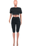 Black Casual Solid Patchwork Fold O Neck Short Sleeve Two Pieces