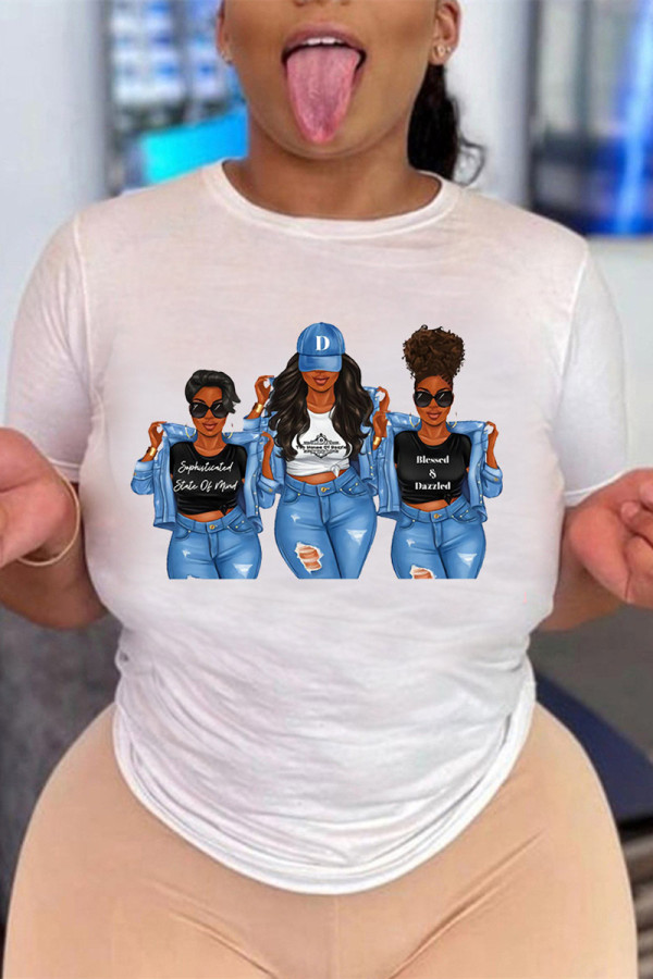 White Blue Fashion Casual Print O Neck T-Shirts