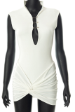 White Sexy Solid Hollowed Out Mandarin Collar Pencil Skirt Dresses
