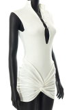 White Sexy Solid Hollowed Out Mandarin Collar Pencil Skirt Dresses