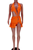 Tangerine Sexy Solid Hollowed Out Split Joint Flounce Asymmetrical Halter Sleeveless Two Pieces