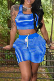 Blue Casual Striped Print Patchwork U Neck Sleeveless Two Pieces