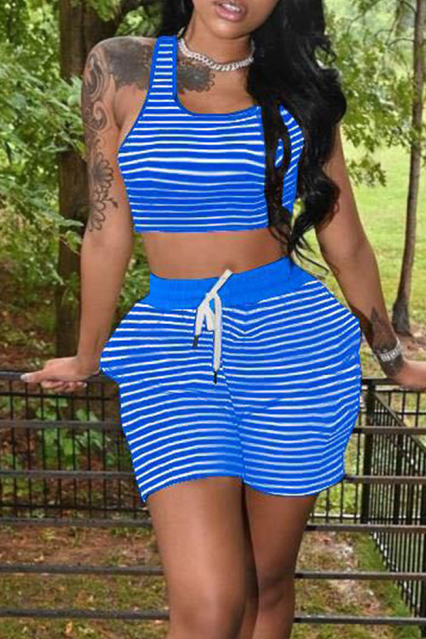 Blue Casual Striped Print Patchwork U Neck Sleeveless Two Pieces