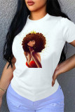 White Fashion Casual Print Basic O Neck T-Shirts
