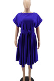 Blue Casual Solid Patchwork With Belt Asymmetrical O Neck Irregular Dress Dresses