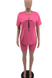 Pink Casual Print Patchwork O Neck Short Sleeve Two Pieces
