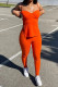 Tangerine Red Sexy Solid Patchwork Slit Spaghetti Strap Sleeveless Two Pieces