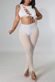 White Sexy Solid Bandage Hollowed Out See-through O Neck Sleeveless Two Pieces