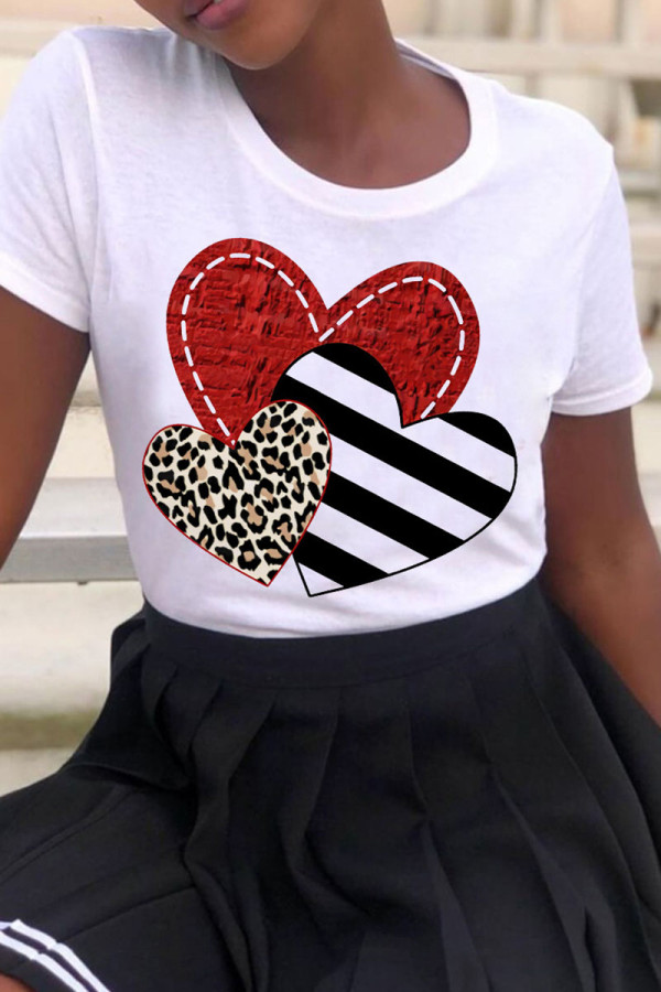 White Red Fashion Casual Print Basic O Neck T-Shirts