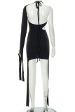 Black Sexy Solid Tassel Halter Irregular Dress Dresses