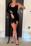 Black Sexy Solid Tassel Halter Irregular Dress Dresses
