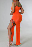 Orange Fashion Sexy Solid Draw String Frenulum Slit Spaghetti Strap Long Dress Dresses