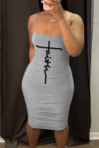 Grey Sexy Print Split Joint Fold Spaghetti Strap Pencil Skirt Dresses