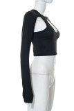 Black Sexy Solid Hollowed Out O Neck Tops