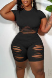 Tangerine Red Sexy Solid Hollowed Out Patchwork O Neck Short Sleeve Two Pieces