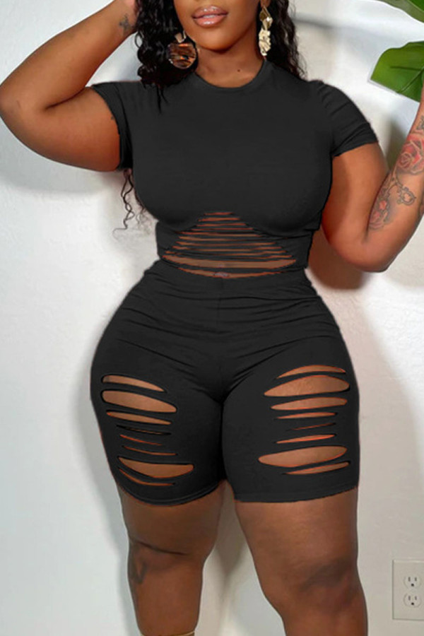 Black Sexy Solid Hollowed Out Patchwork O Neck Short Sleeve Two Pieces