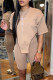 Khaki Casual Print Patchwork Asymmetrical O Neck Short Sleeve Two Pieces