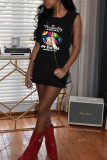 Red Street Print Bandage Hollowed Out Patchwork O Neck Dresses