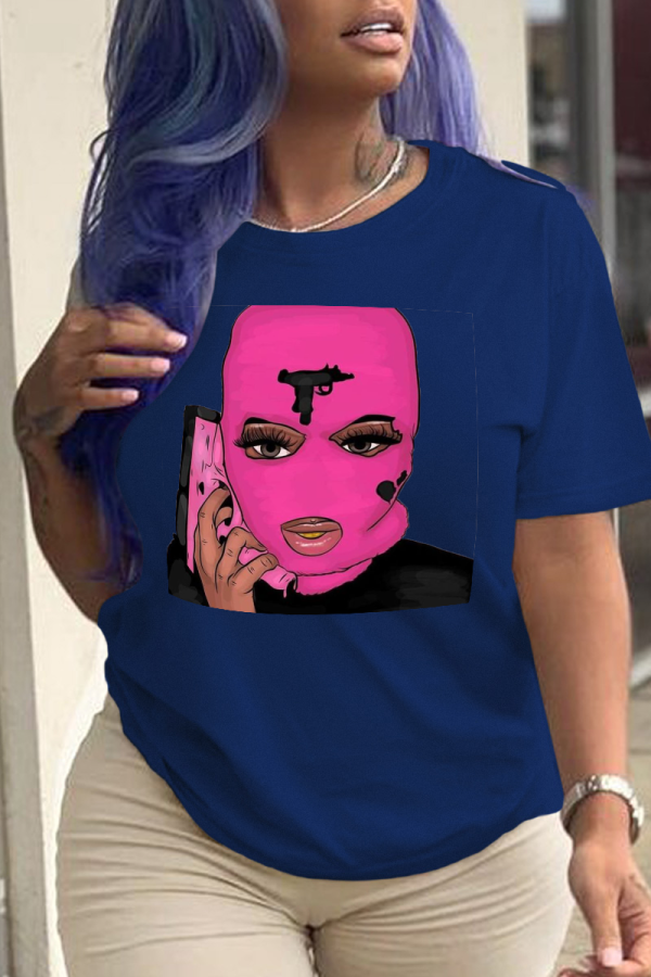 Navy Blue Fashion Street Print Patchwork O Neck T-Shirts