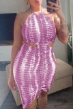 Green Sexy Print Hollowed Out Patchwork Draw String Backless Fold Halter One Step Skirt Dresses