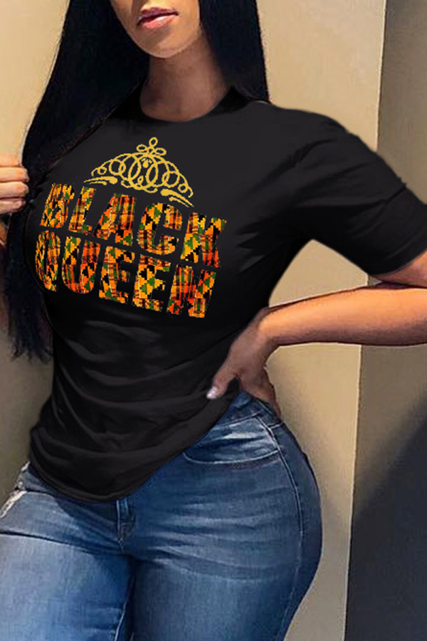 Black Fashion Street Print Patchwork Letter O Neck T-Shirts