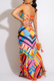 Tangerine Sexy Print Patchwork Backless Slit Strapless Straight Dresses