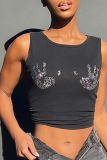 Black Sexy Print Hot Drill O Neck Tops