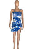 Blue Sexy Print Patchwork Asymmetrical Spaghetti Strap One Step Skirt Dresses