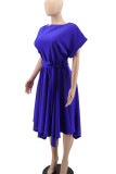 Blue Casual Solid Patchwork With Belt Asymmetrical O Neck Irregular Dress Dresses