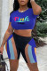 Blue Fashion Casual Sportswear Letter Print Patchwork O Neck Short Sleeve Two Pieces