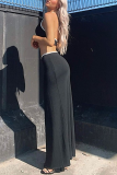 Black Sexy Solid Slit Halter Sleeveless Two Pieces