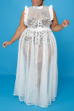 White Sexy Solid Split Joint See-through Flounce O Neck Straight Plus Size Dresses