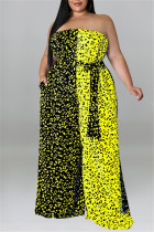 Yellow Fashion Casual Print Split Joint Backless With Belt Strapless Plus Size Jumpsuits