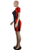 Red Fashion Casual Patchwork Basic O Neck Short Sleeve Dress Dresses