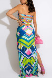 Tangerine Sexy Print Patchwork Backless Slit Strapless Straight Dresses